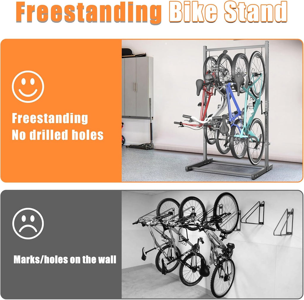 TORACK Garage Freestanding Hanging Bike Stand for Garage, Heavy Duty 4 Bikes Vertical Bike Storage Stand Floor Bike Storage Rack