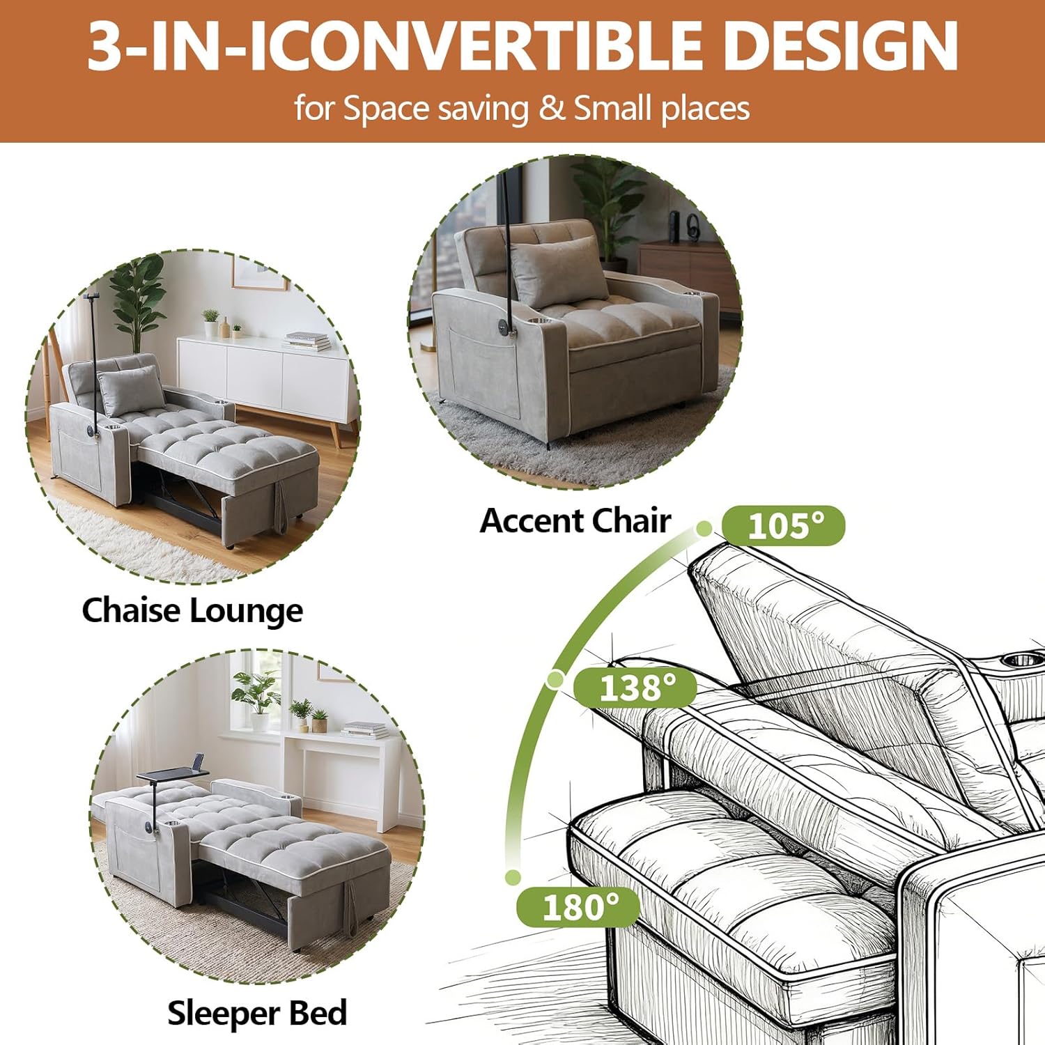 Majnesvon Modern Velvet Fabric Sofa Bed Futon,3 in 1 Convertible Pullout Bed Couches with 3 Reclining Backrests,Phone Stand,Small Sofa Single Sleeper Chair Bed for Living Room Bedroom (Grey)