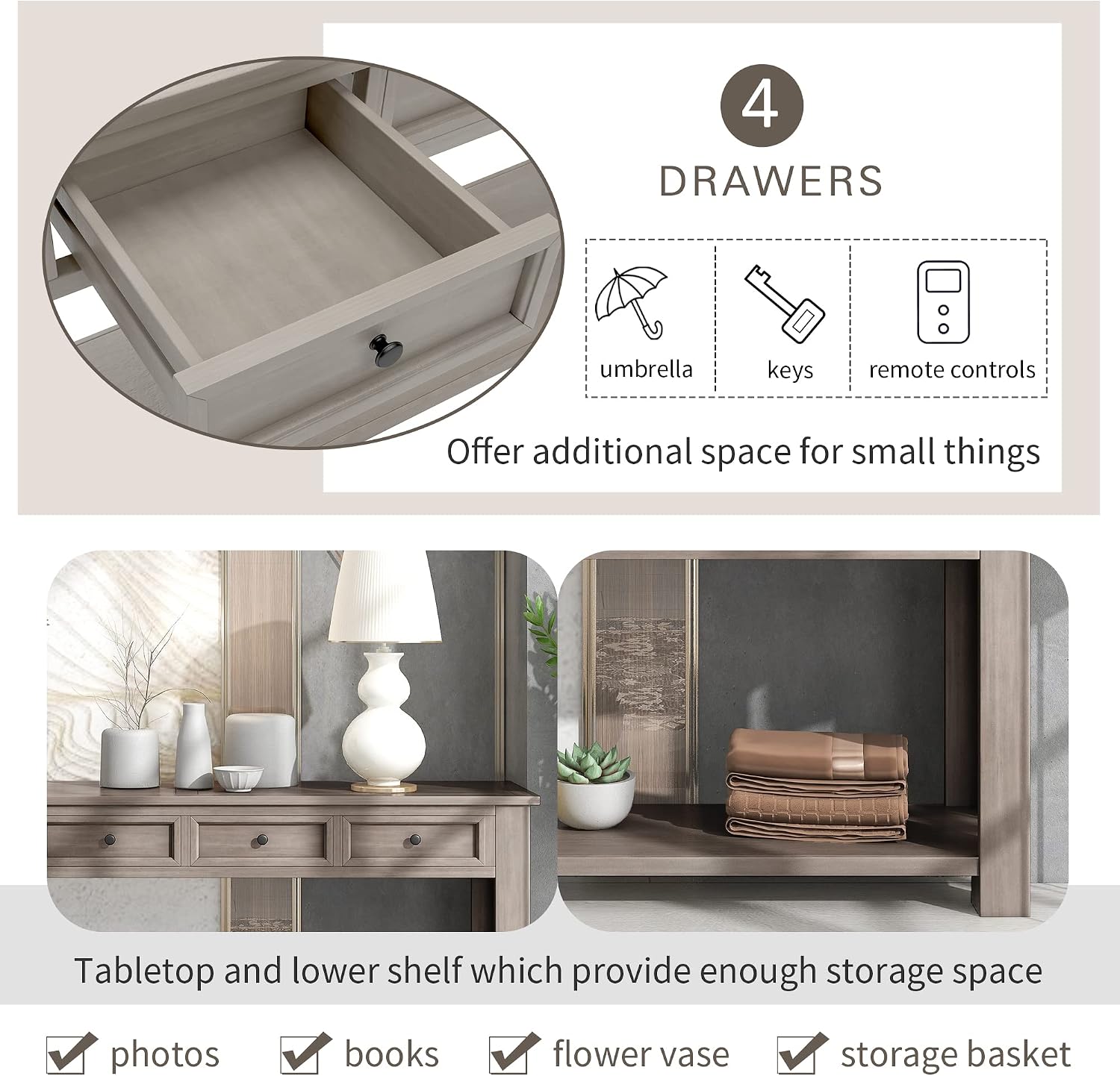 LKTART Solid Wood Console Table,Long Sofa Table Entryway Table with 4 Drawers and Bottom Shelf for Hallway Living Room Couch Table,Easy Assembled (63' Gray Wash)