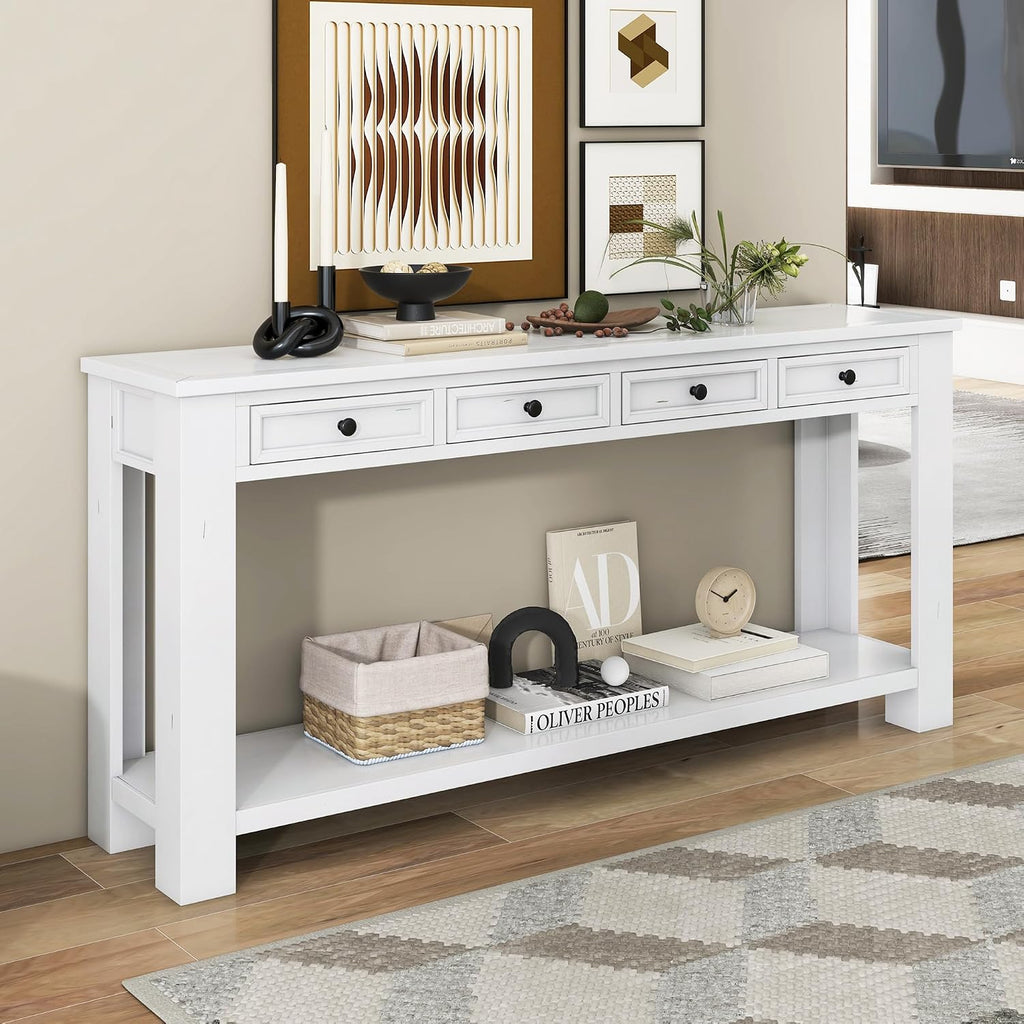 Merax Console Table, 63' Long Extra-Thick Entryway Table Sofa Table with 4 Drawers and Open Shelf for Entryway, Hallway, Living Room (Antique White)