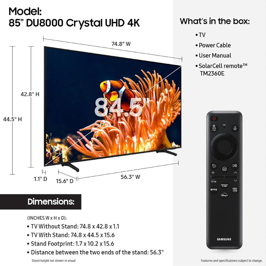 Samsung 85-Inch Class 4K Crystal UHD DU8000 Series HDR Smart TV w/Object Tracking Sound Lite, Motion Xcelerator 120Hz, Ultra Slim Design, Gaming Hub, Alexa Built-in (UN85DU8000, 2024 Model)