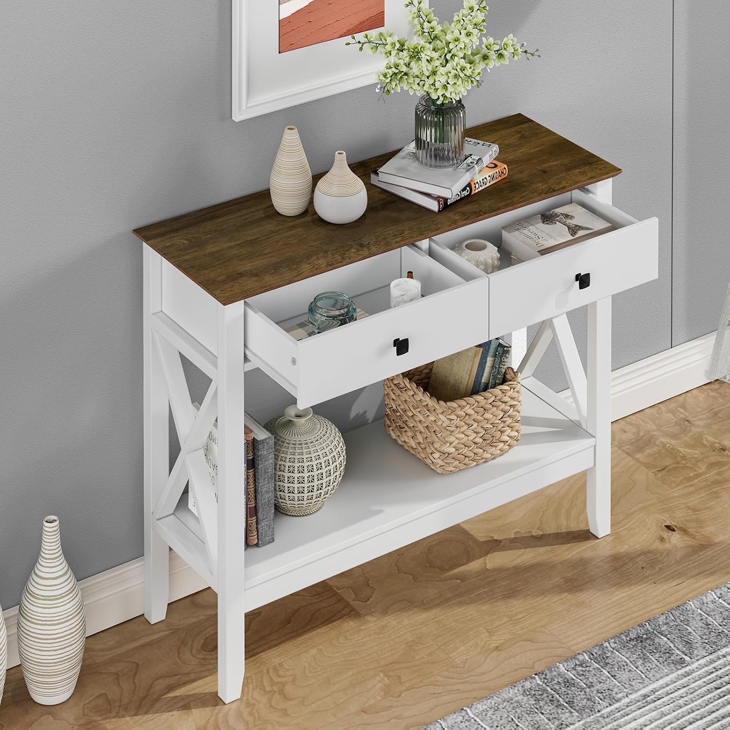 Lomojo Console Table,Sofa Table 13.8' D x 39.37' W x 31.5' HEntryway Table with 2 Drawers Storage Shelve Foyer Table for Entryway Farmhouse Hallway Tables (White)