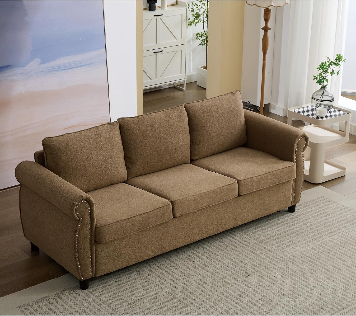 Sleeper Sofa Bed Full Size, Pull Out Couch with Mattress, 81.5'' 3 Seater Upholstery Sectional Couches, Modern Linen Convertible Sofa, Living Room Furniture for Small Spaces, Apartment, Brown | Memory Foam Mattress