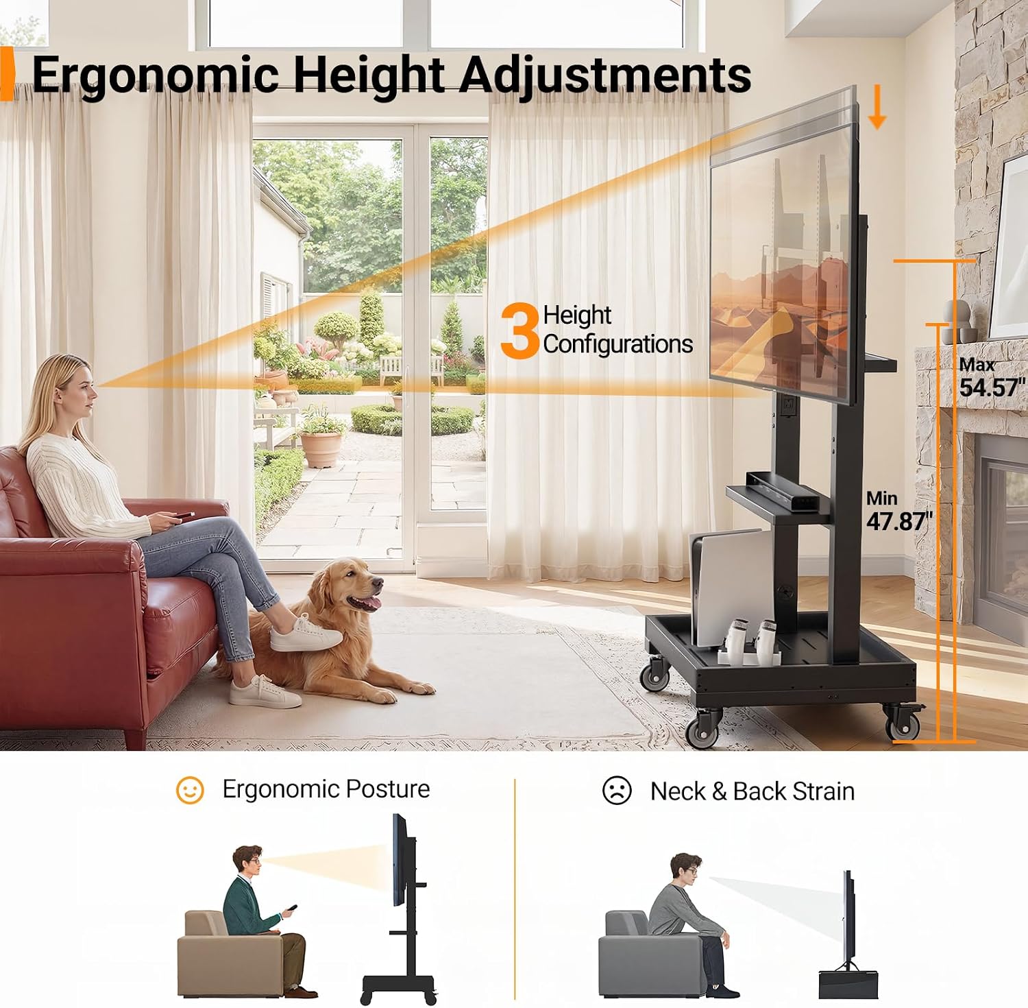Perlegear Rolling TV Stand for 32'-110' TVs up to 250 lbs, Outdoor TV Stand with Large Wheels, Handle & Power Outlet, Height Adjustable Mobile TV Cart with Wood Shelf, Max VESA 800x600mm, PGTVMC24B