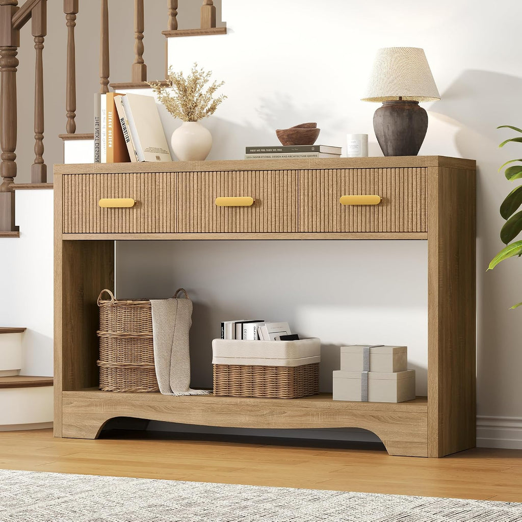 Fluted Console Table with Drawers, 47' Narrow Entryway Table with 3 Drawers and Open Storage Shelf, Long Sofa Tables Modern Behind Couch Tables for Living Room, Foyer and Hallway