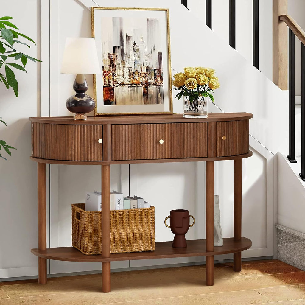 XUZENEST 43.3' Fluted Half Moon Console Table, Modern Entryway Console Sofa Table with Storage, Narrow Wood Accent Tables Behind Couch Tables for Living Room, Hallway, Foyer(Walnut)