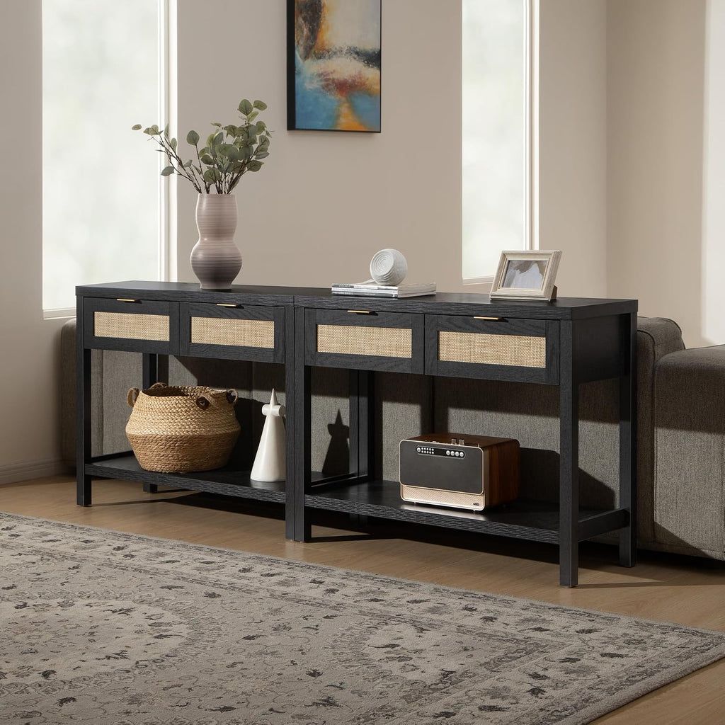 SICOTAS Black Console Table Set of 2 - Boho Entryway Table with Rattan Drawers, 2 Tier Shelf, Narrow Long Sofa Tables for Living Room, Entry Table for Hallway, Foyer