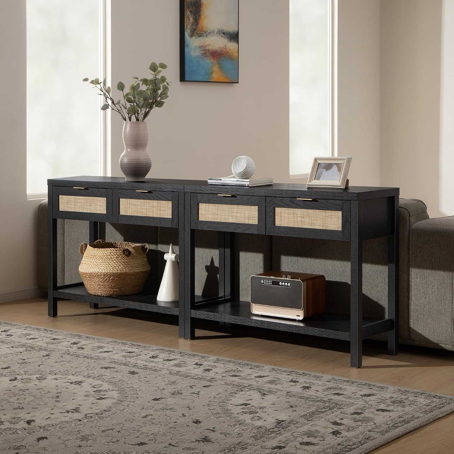 SICOTAS Black Console Table Set of 2 - Boho Entryway Table with Rattan Drawers, 2 Tier Shelf, Narrow Long Sofa Tables for Living Room, Entry Table for Hallway, Foyer