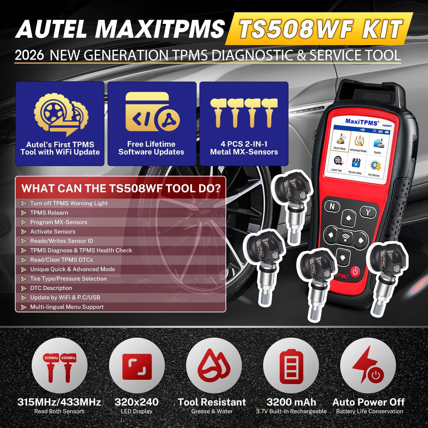 Autel MaxiTPMS TS508WF TPMS Programming Tool Kit, 2026 WiFi Tire Sensor Relearn Activation Tool, Up of TS508 TS601 TS501 PRO, Clear TPMS DTCs, 4PCS 315+433MHz MX Sensors ($120), Lifetime Free Updates