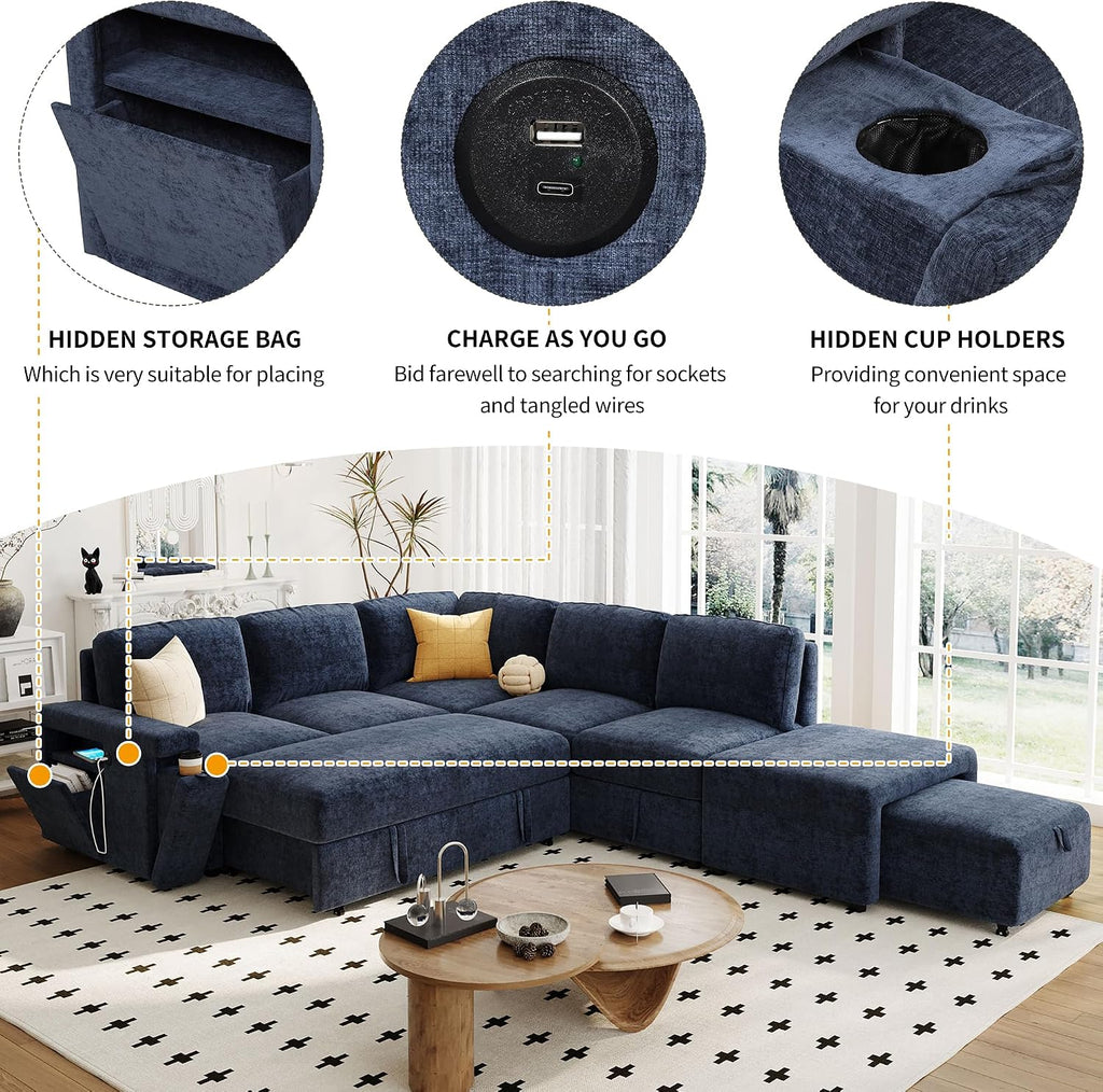 LUMISOL 90' Convertible Sleeper Sofa Bed with Pull-Out Bed & Ottoman, L-Shaped Sectional Sofa Bed with USB Ports, Cup Holders & Storage, Corner Sofa Couch with Storage Chaise for Living Room, Blue