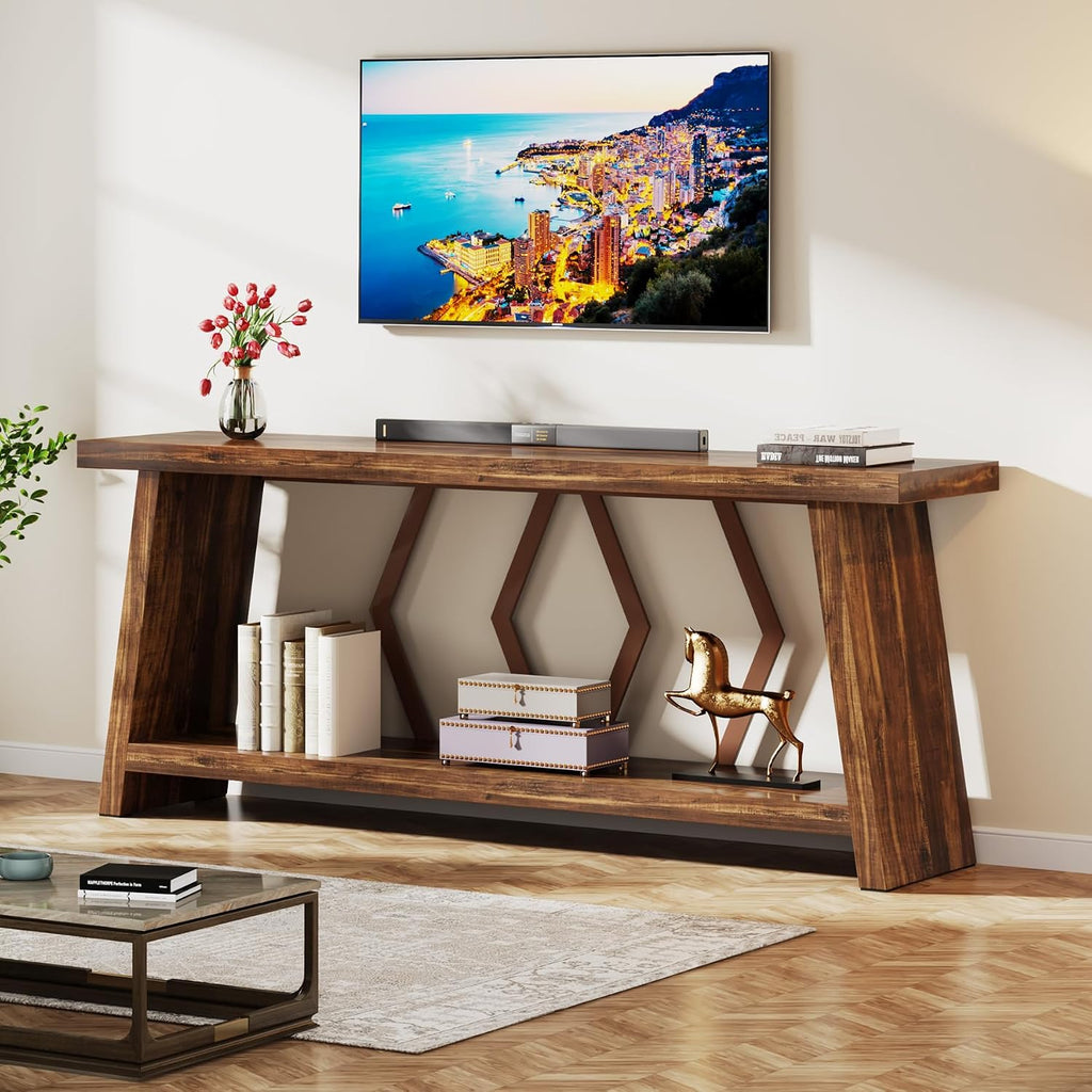 Tribesigns 70.86-Inch Farmhouse Console Table, Industrial Narrow Long Sofa Entryway Table with Storage, 2-Tier Wood Couch Foyer Accent Table for Living Room, Hallway, Entrance (Brown)