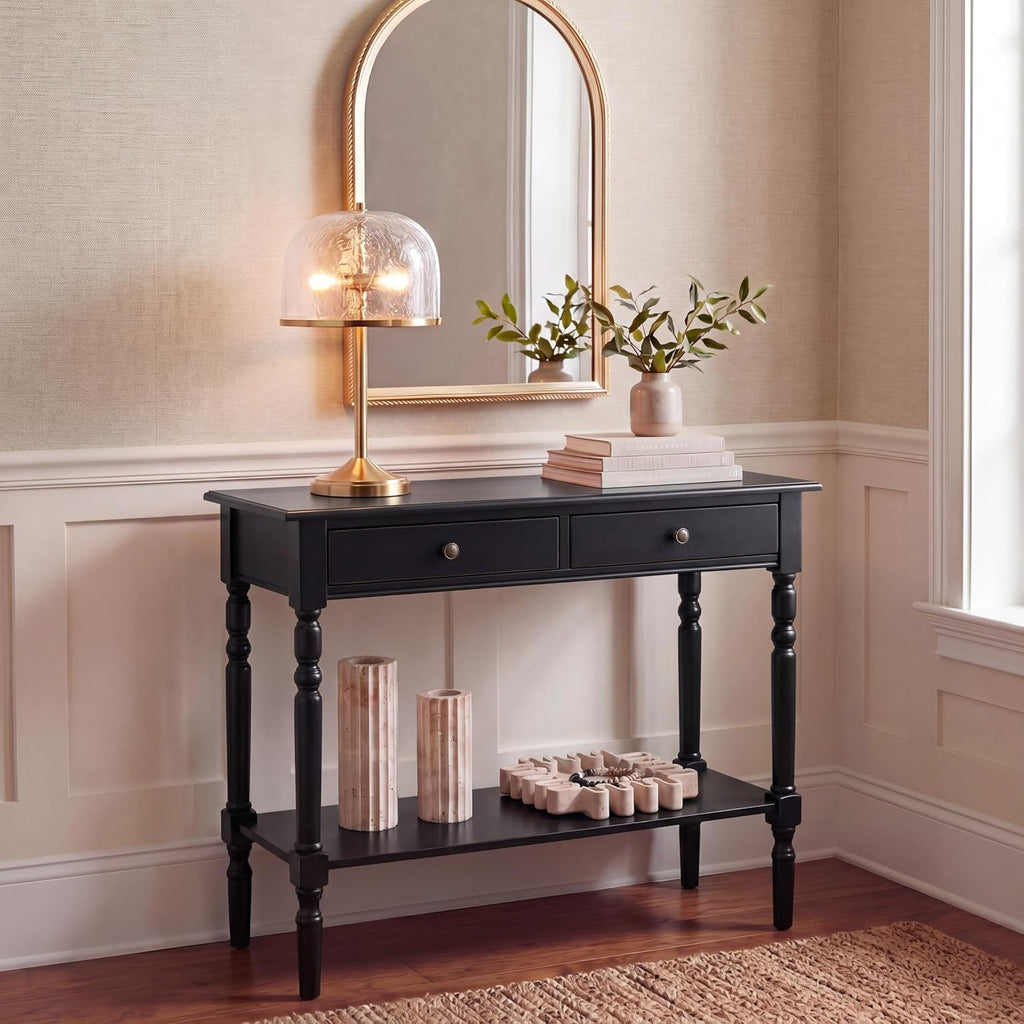 SAFAVIEH Home Collection – Rosemary Distressed Black Console Table with Drawers & Shelf, Classic Contemporary Storage Console, Turned Leg Design (AMH5705B)