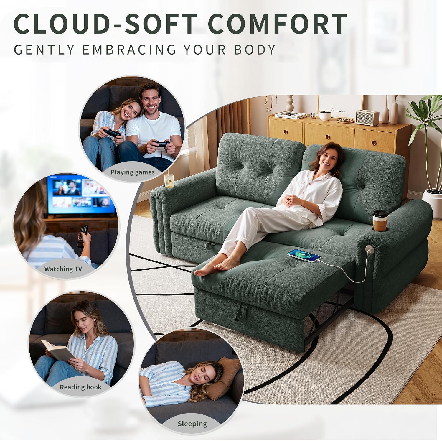 77' Queen Size Sofa Bed, Loveseat Sleeper Sofa with Pull Out Bed and USB, 2 Seater Convertible Small Couch for Living Room Bedroom Apartment (Green, Chenille)