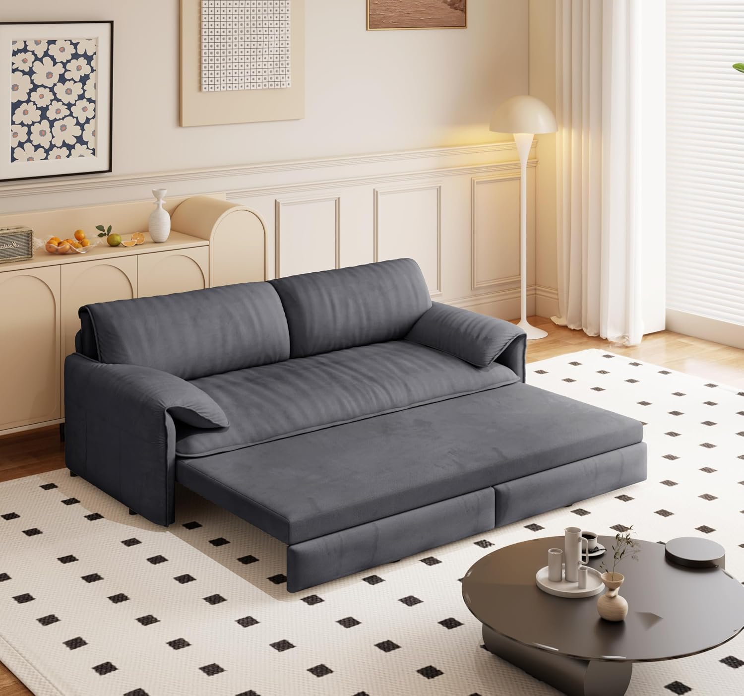 66' Sleeper Sofa Bed Queen Size, 3-in-1 Convertible Couch, Modern Pull Out Couches, Comfy Velvet Futon Sofa, Cloud Loveseat Lounge, Pillow Arm, for Small Spaces, Living Room, Apartment, Grey