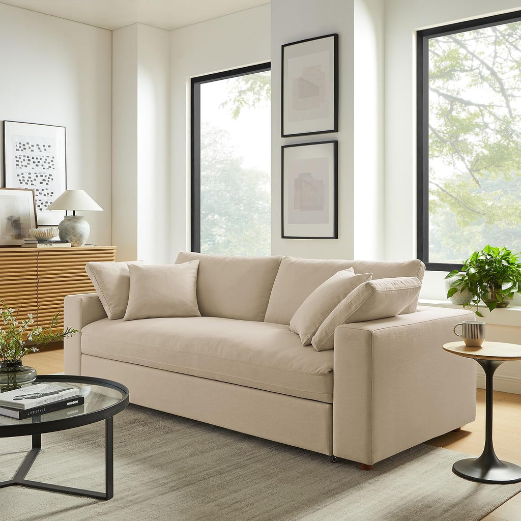 Modway Commix Down Filled Fabric Sleeper Sofa in Light Beige