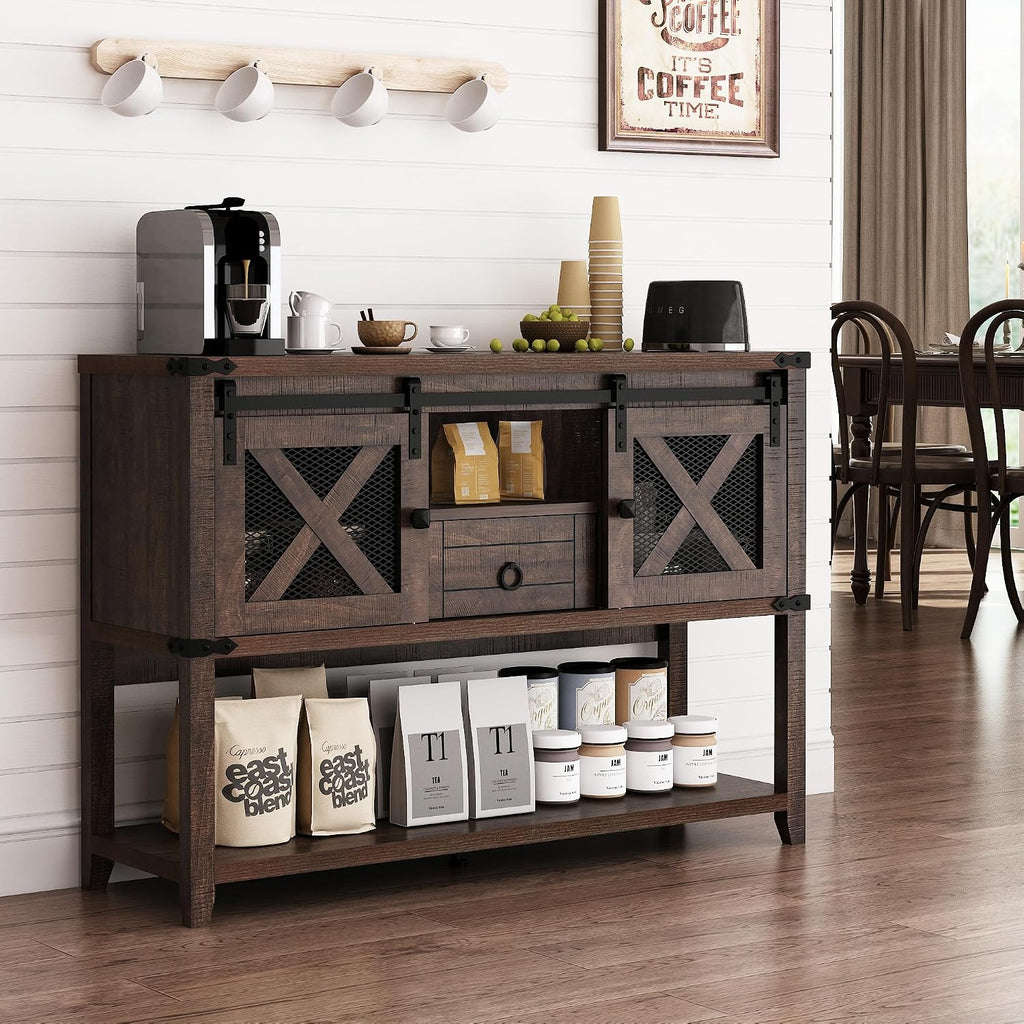 Hlivelood Farmhouse Entryway Table with 2 Sliding Barn Doors & Drawer, 46'' Rustic Console Table with Storage, Open Shelf Space, Industrial Sofa Table for Living Room, Entryway, Hallway, Brown