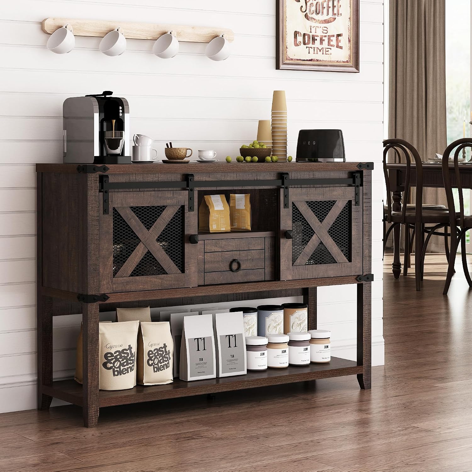 Hlivelood Farmhouse Entryway Table with 2 Sliding Barn Doors & Drawer, 46'' Rustic Console Table with Storage, Open Shelf Space, Industrial Sofa Table for Living Room, Entryway, Hallway, Brown