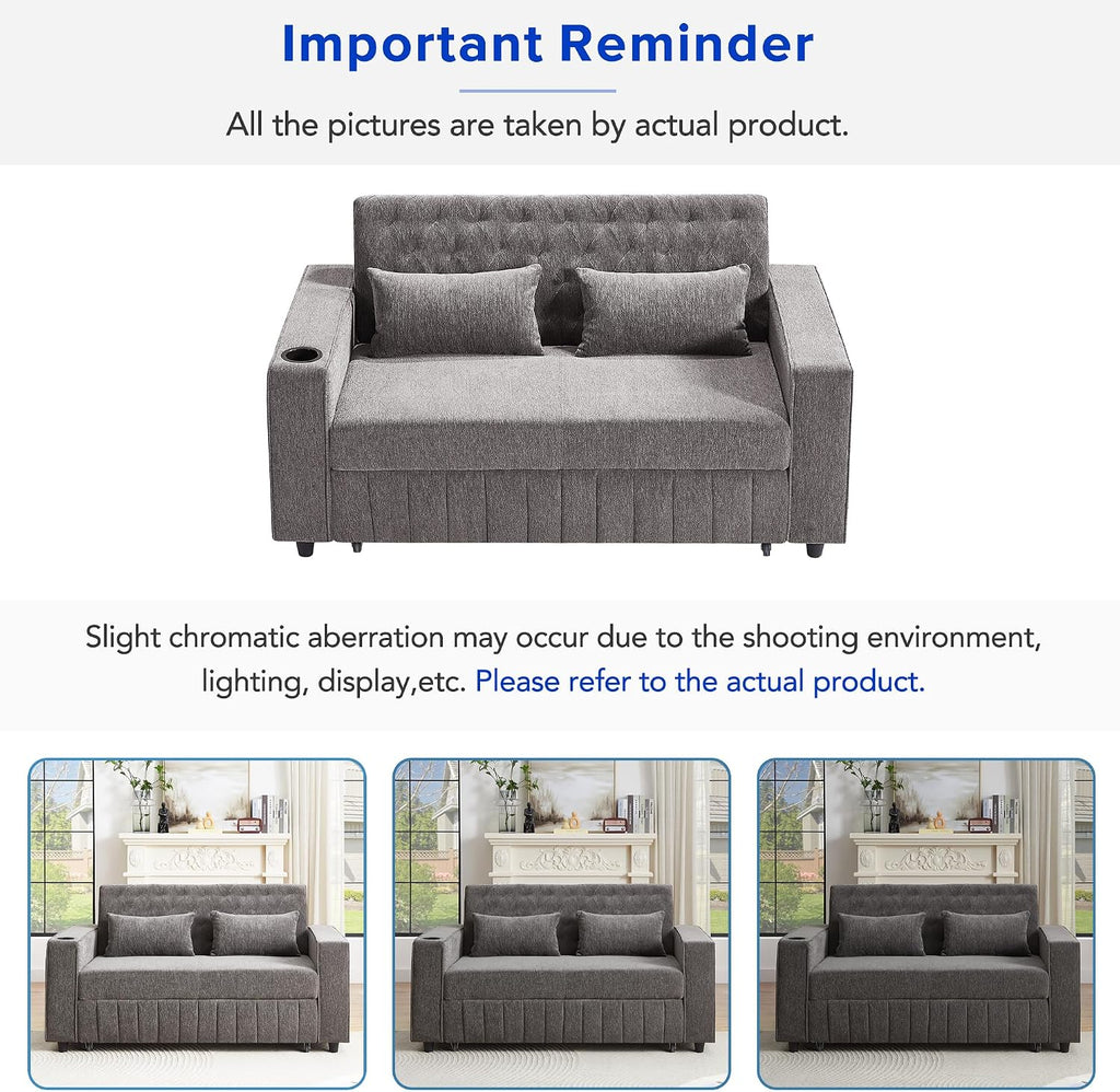 Merax Pull-Out Sleeper Sofa Bed with Reversible Backrest and Two Throw Pillows, 3 in 1 Foton Couch with USB Ports & Cup Holder, Chenille Loveseat with Storage Shelves for Living Room, Grey