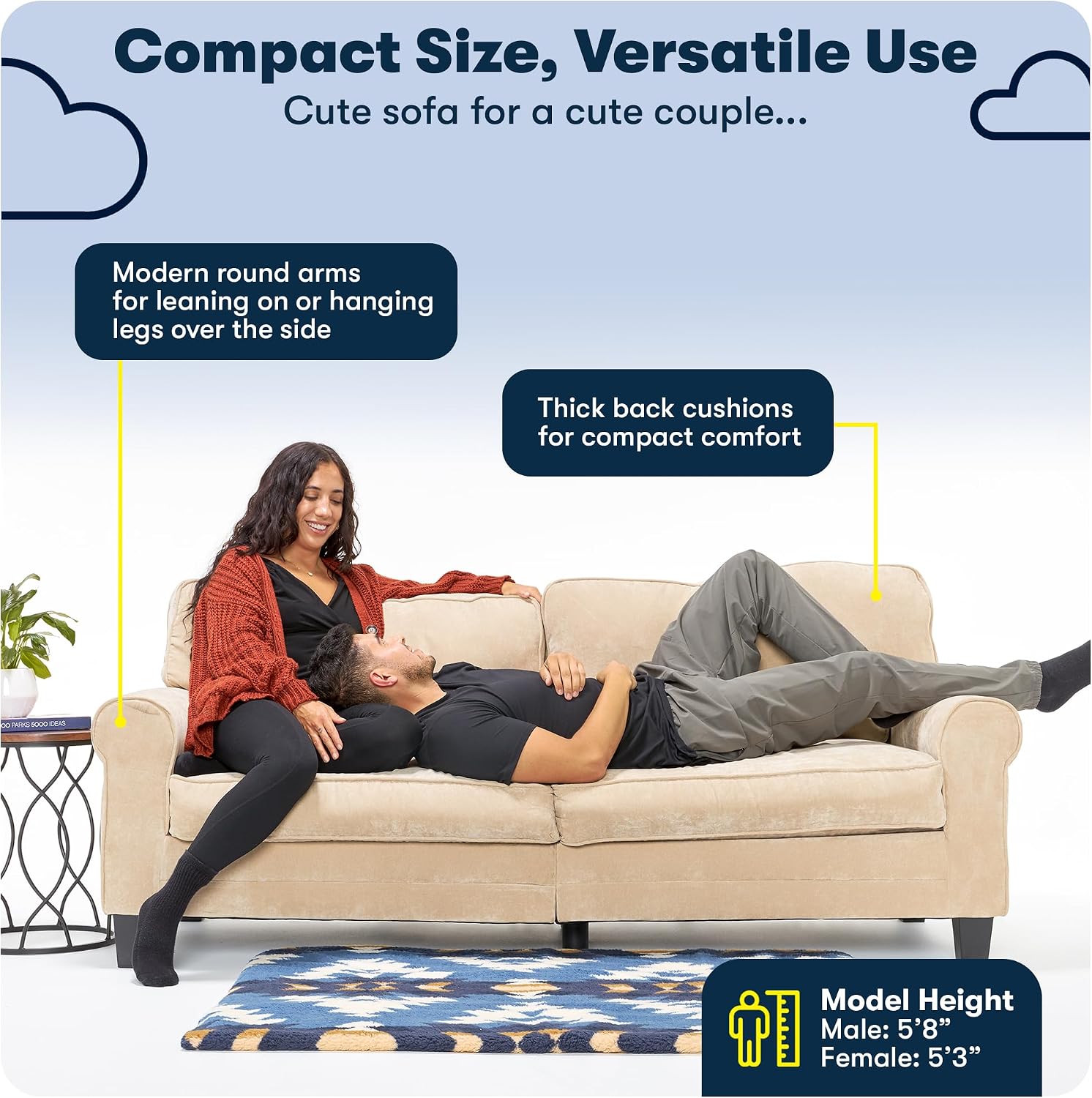 Serta Copenhagen 78' Rolled Arm Sofa, Easy Care Polyester, Soft Pillow Back, Pocket Coil Seat Cushions, Removable Covers, Loveseat or Couch for Small Spaces, Living Rooms or Bedrooms, Buckwheat Beige