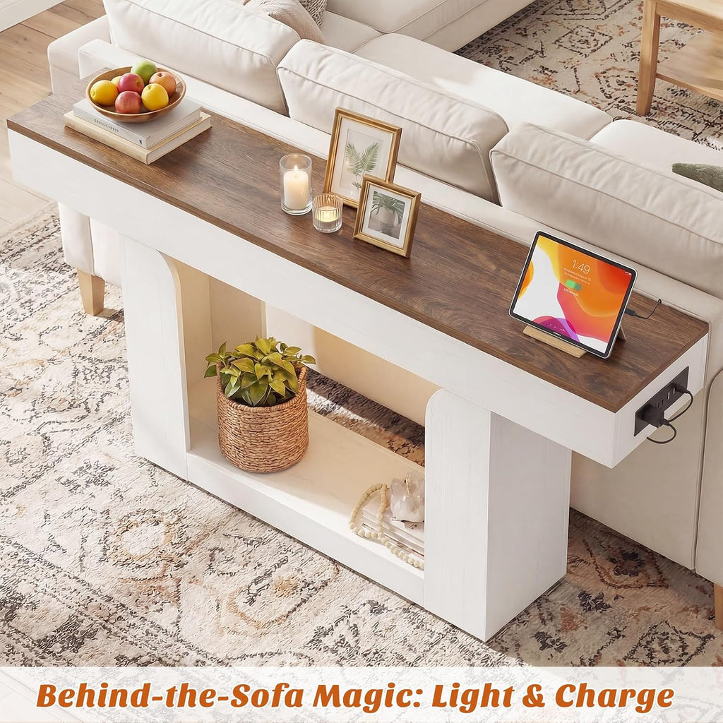 Homieasy Console Table, 63' Entryway Table with LED Lights & Charging Station, Farmhouse Wooden Sofa Table Behind Couch, Narrow Hallway Table for Living Room, Foyer, Entry, Antique White & Brown