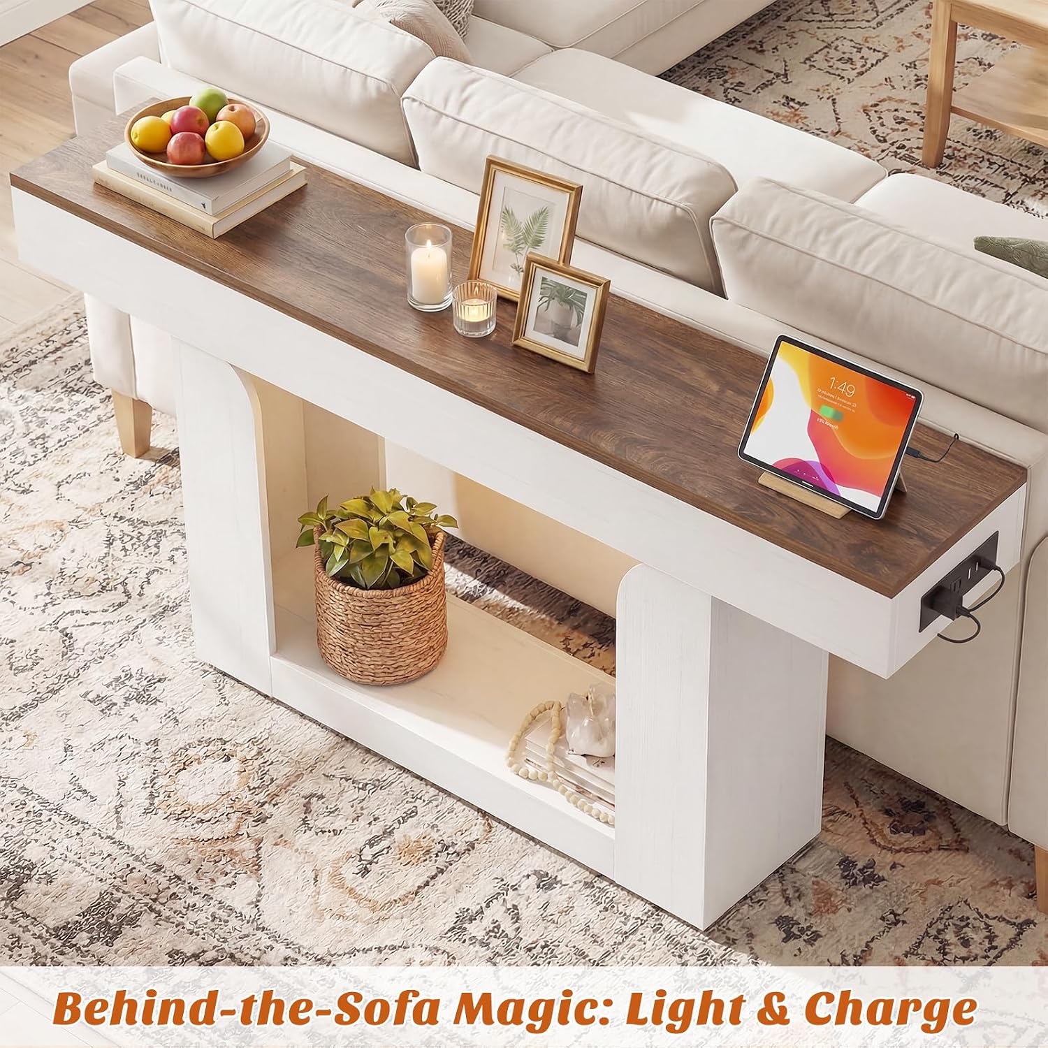 Homieasy Console Table, 63' Entryway Table with LED Lights & Charging Station, Farmhouse Wooden Sofa Table Behind Couch, Narrow Hallway Table for Living Room, Foyer, Entry, Antique White & Brown