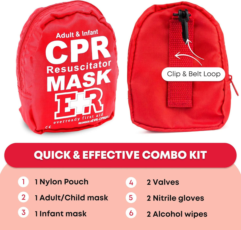 Adult and Infant CPR Mask Combo Kit – 50-Pack – 100 Valves, 50 Gloves, 100 Alcohol Pads – Bulk Set for First Responders, CPR Training
