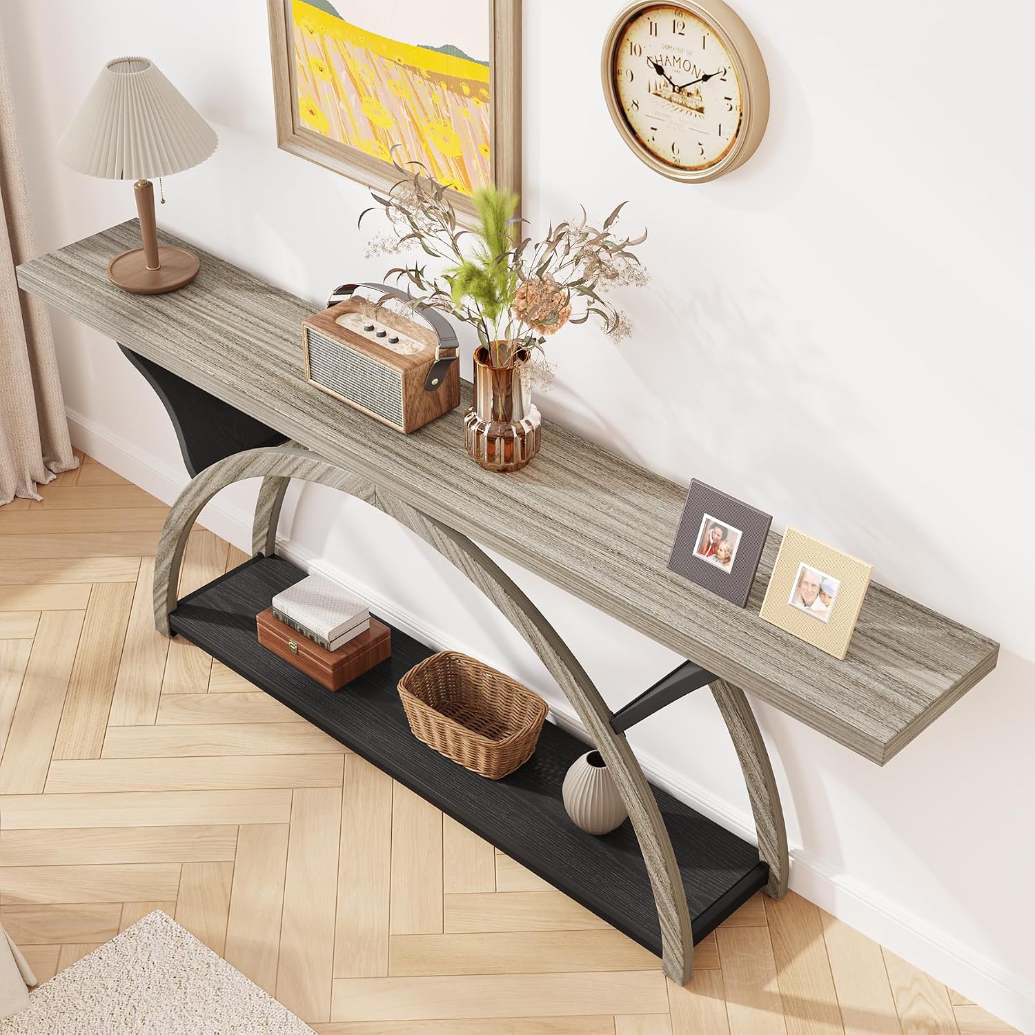 Tribesigns 70.87' Console Table with Storage Shelf, Narrow Long Sofa Table Behind Couch Table, 2-Tier Rustic Entryway Table with Half Moon Frame for Hallway Living Room, Gray & Black (Gray & Black)