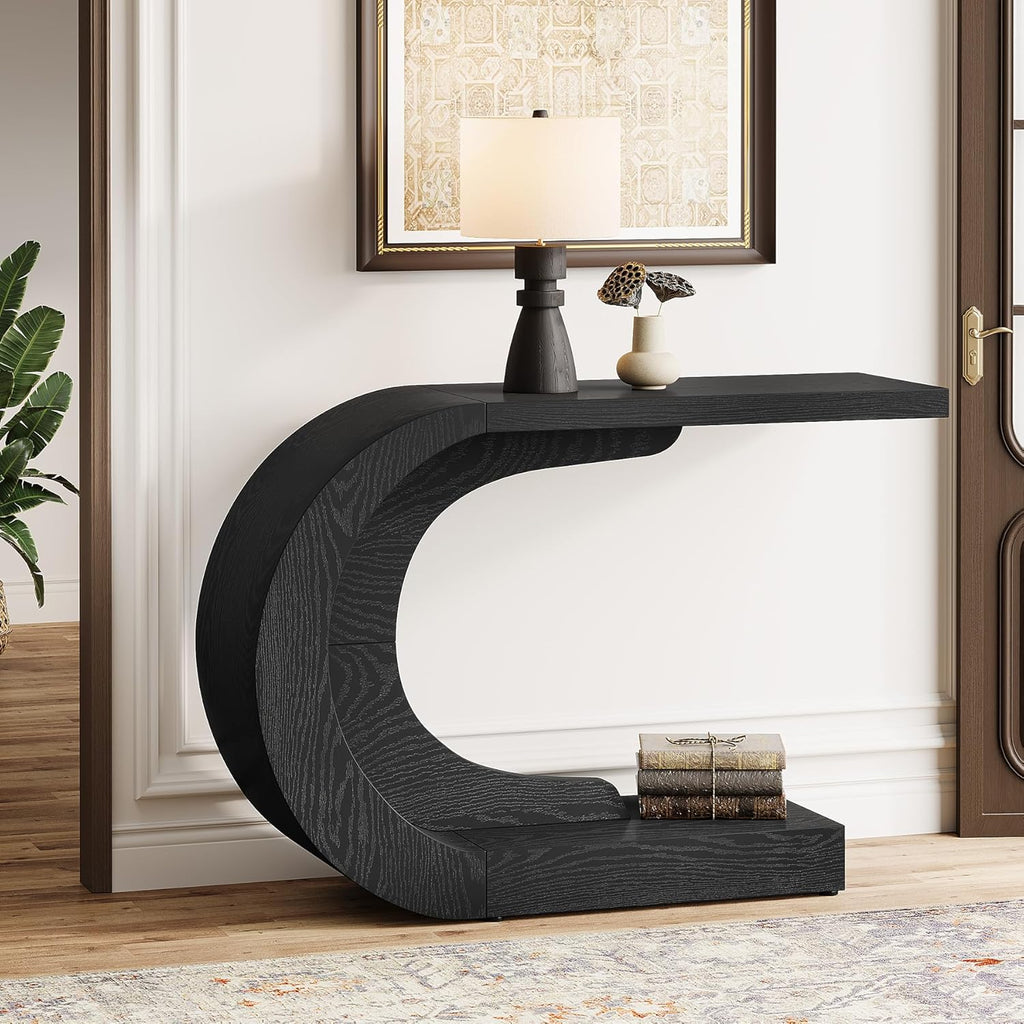Tribesigns 43.3' Mid-Century Modern Console Table for Entryway, Wood C-Shaped Hallway Entry Accent Table for Living Room, Entrance, Foyer, Easy Assembly, Black