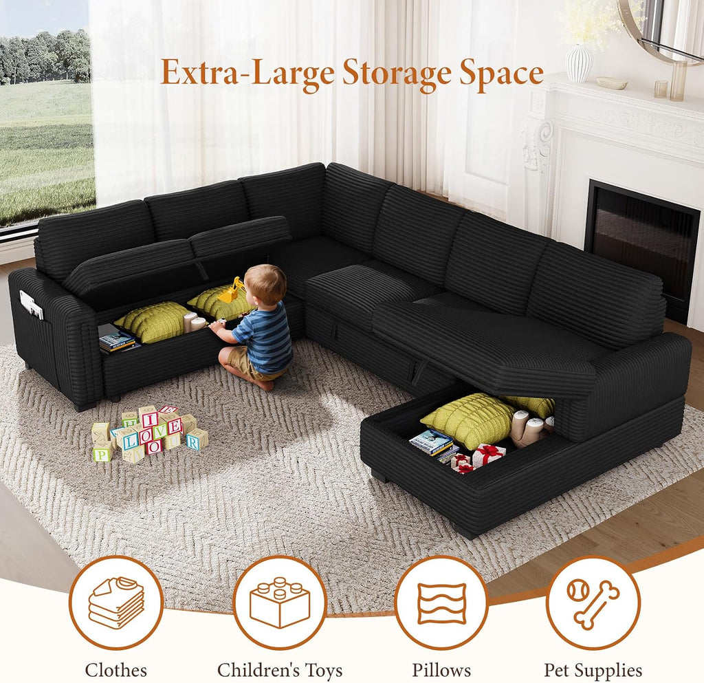 Vesgantti 113.6' Modular Sectional Sofa with Pull Out Couch Bed, 7 Seater U Shaped Sleeper Sofa with Storage Chaise, Corduroy Sectional Couch for Living Room, Bedroom, Apartment, Black