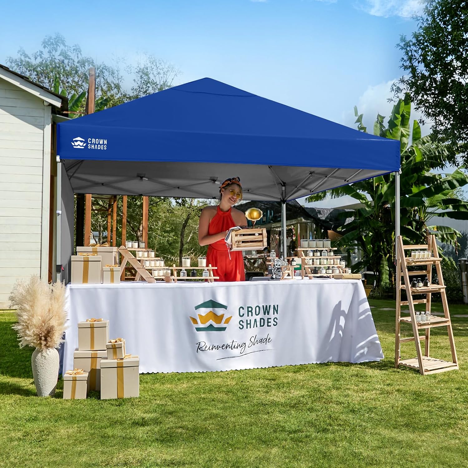 CROWN SHADES Pop Up Canopy with 1 Side Wall - Beach Tent with One Push Setup - Outdoor Sun Shade for Events, Parties, Camping - Gazebo with STO-N-Go Cover Bag, Navy Blue, 8x8FT