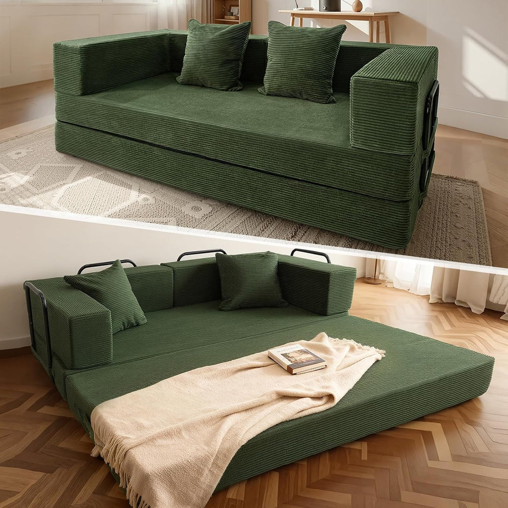 5‑in‑1 Futon Sofa Bed Queen– Floor Foldable Convertible Sofa Couch with L‑Shaped Armrests, Removable Cover, Green Convertible Guest Bed | Space‑Saving Fold‑Out Mattress Lounge for Living Room/Bedroom