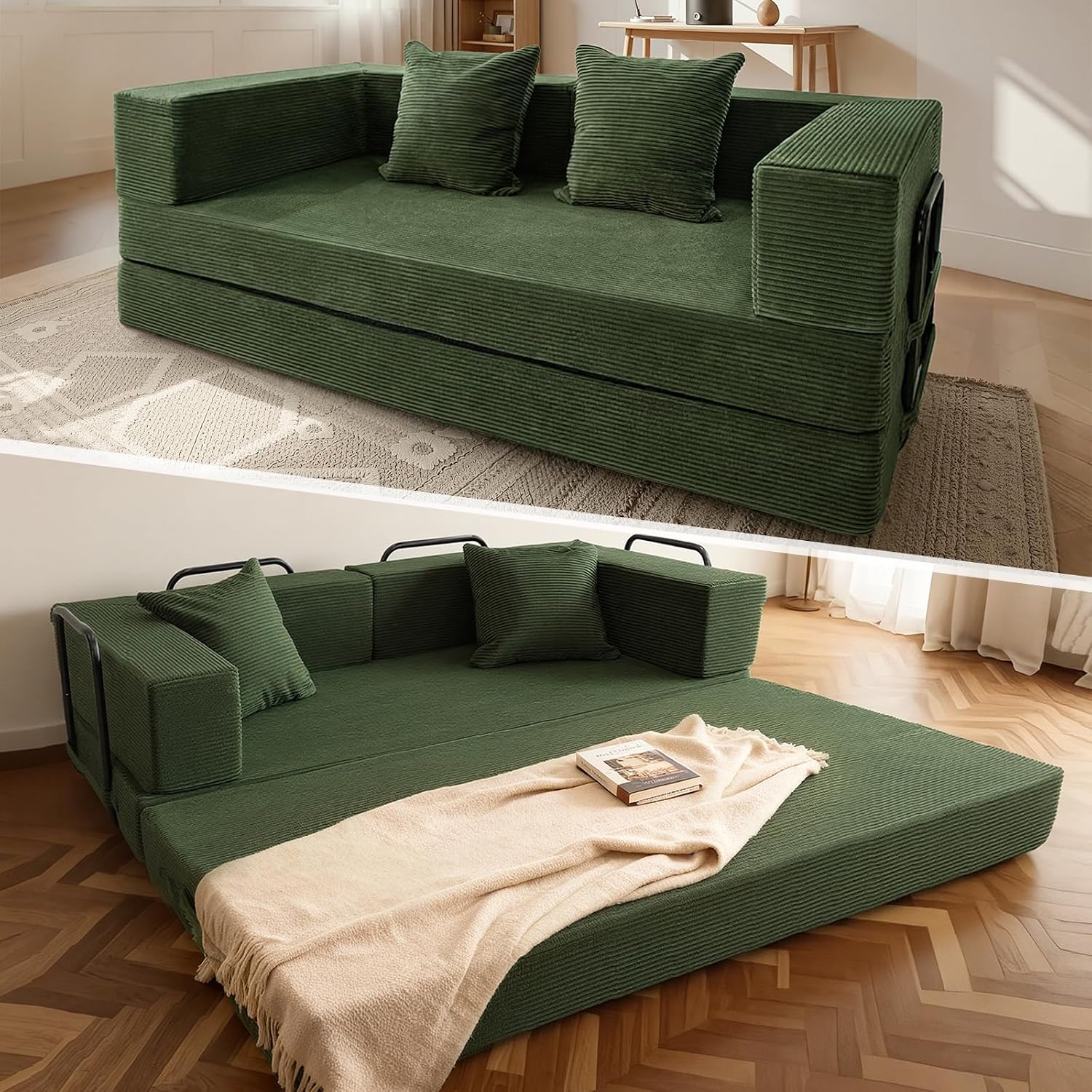 5‑in‑1 Futon Sofa Bed Queen– Floor Foldable Convertible Sofa Couch with L‑Shaped Armrests, Removable Cover, Green Convertible Guest Bed | Space‑Saving Fold‑Out Mattress Lounge for Living Room/Bedroom
