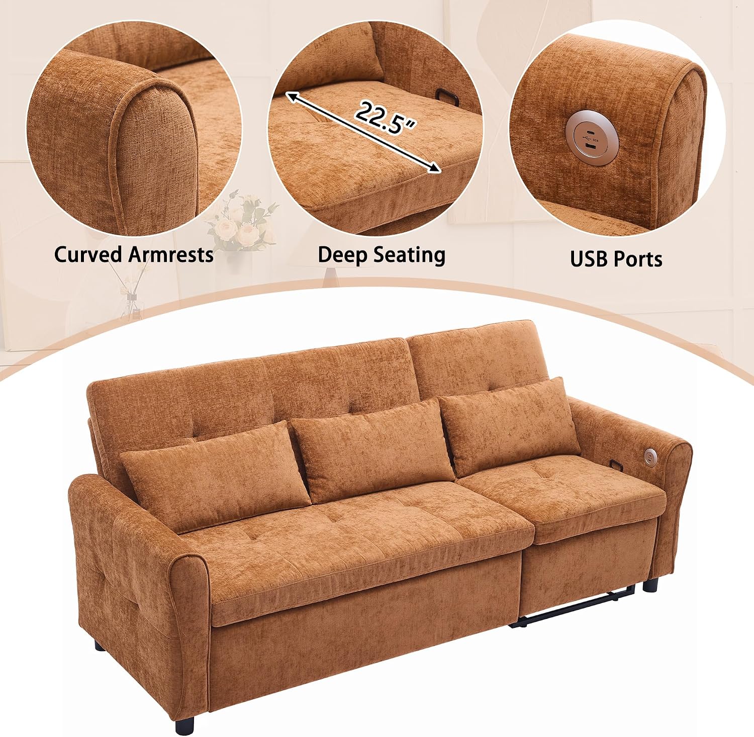 Merax 2-in-1 Convertible Sofa Bed & Recliner Sofa, 82' 3-Seater Sofa, Pull-Out Sleeper Sofa, 3 Level Adjustable Backrest, Reversible Left/Right, with USB Charging Ports, Easy to Assemble (Orange)