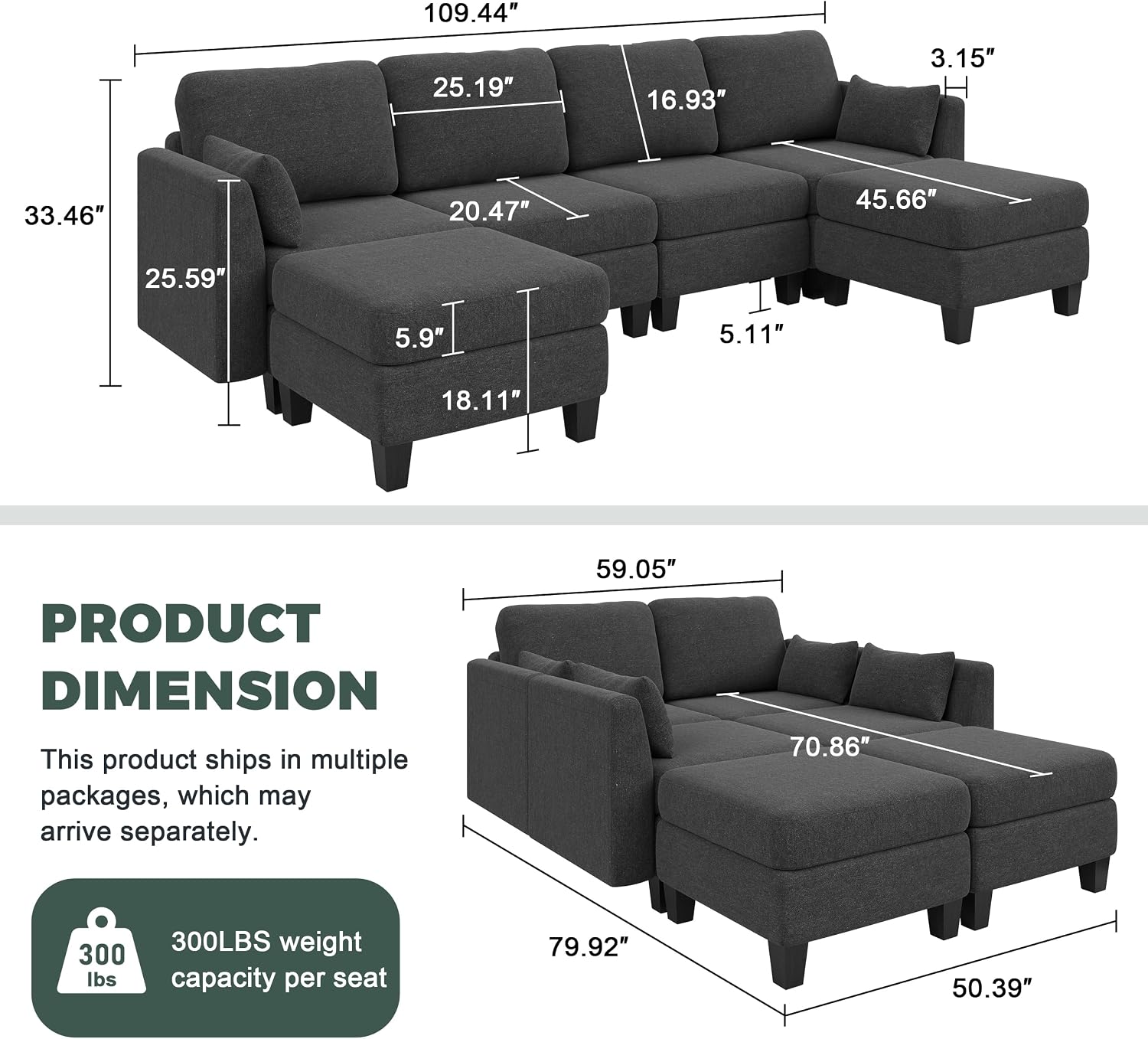 Modular Sectional Sofa, 6 Seaters Modular Sleeper Sofa Couch, Comfy Sectionals Couches Bed, Convertible Sofas with Ottomans, Sectional Couches for Living Room, Dark Grey