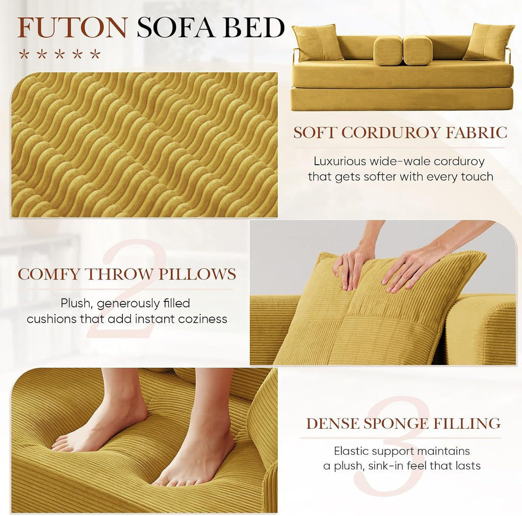Modular Couch Bed, Convertible Folding Plush Corduroy Comfy Floor Memory Foam Compression Loveseat Sleeper Sofa Couch, King Size Bed for Guest Room Living Room Bedroom, No Assembly, Mustard Yellow