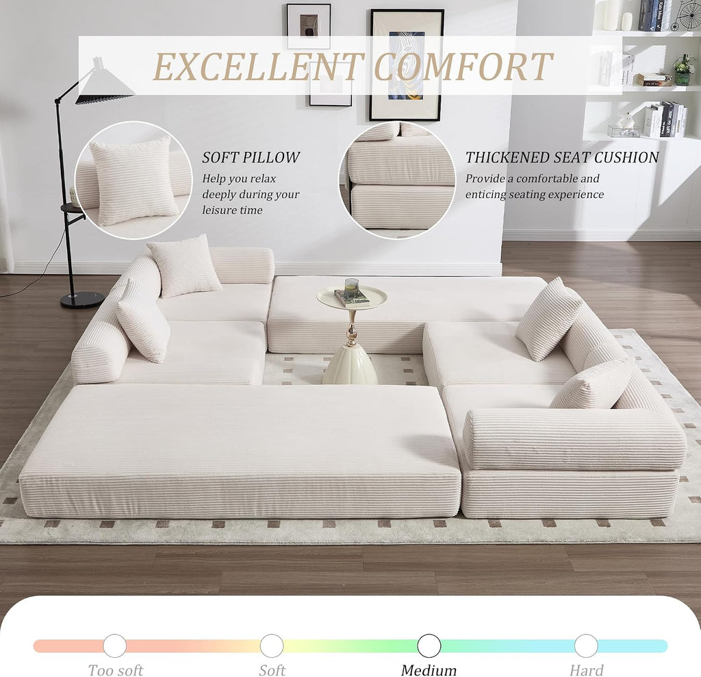 106' Oversized Convertible Sleeper Sofa Bed, Corduroy L Shape Sectional Couch, Folding Sofa Bed with Side Pocket, Modern Cloud Floor Mattress Couch, Modular Sofa for Living Room, Beige