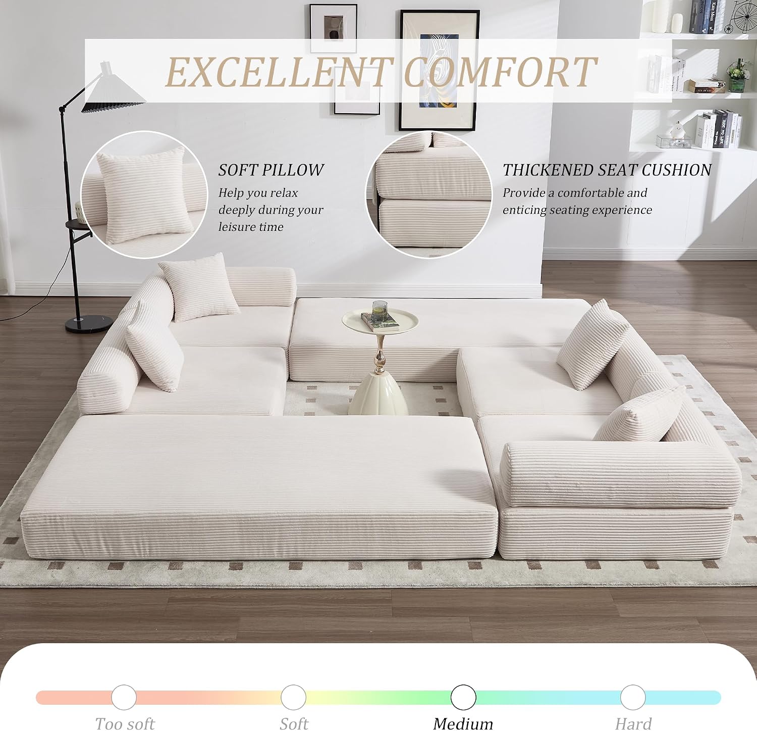 106' Oversized Convertible Sleeper Sofa Bed, Corduroy L Shape Sectional Couch, Folding Sofa Bed with Side Pocket, Modern Cloud Floor Mattress Couch, Modular Sofa for Living Room, Beige
