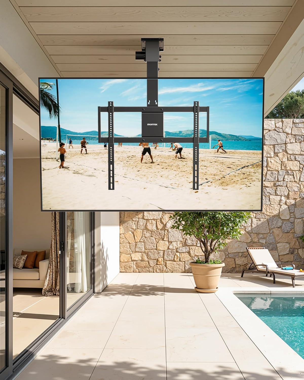 monTEK Motorized Ceiling TV Mount for 32-75 Inch TVs up to 121lbs, Heavy-Duty Electric Flip Down Ceiling Mount, Off-Center TV Compatible, Remote/App/Voice Control, Fits Flat & Pitched Roof