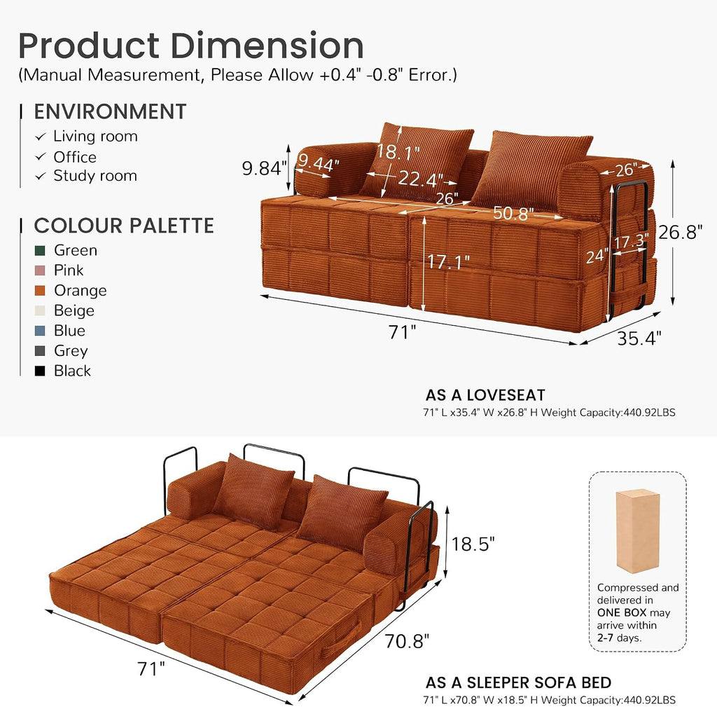 Korser Folding Convertible Sofa Bed, Corduroy Upholstered Boneless Couch, Small Sectional Cloud Couch, Loveseat Sleeper Sofa, Modular Futon Floor Sofa Couch for Living Room Bedroom Lounge, No Assembly