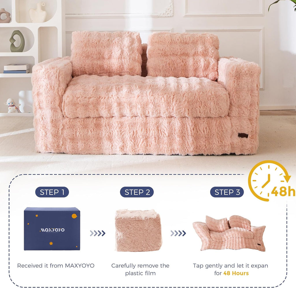 MAXYOYO Loveseat Sofa for Living Room, Small Sofa Couch Tufted Boneless Couch, Comfy Bean Bag Chair for Small Space Bedroom Apartment, No Assembly Needed, Pink