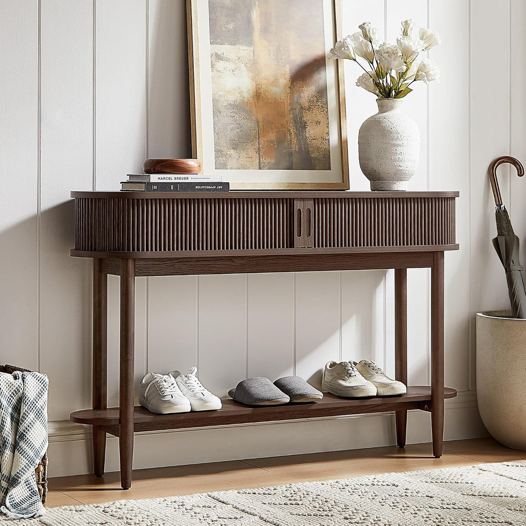 LINSY Fluted Console Table with Storage, Entryway Table Wood Entrance Tables for Front Door, Behind Couch Sofa Table with Shelves, Foyer Tables for Hallways, Living Room Vintage Furniture, Walnut