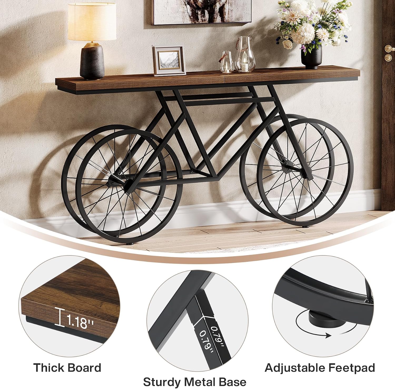 Tribesigns 70.9-Inch Extra Long Console Table, Narrow Sofa Table with Bicycle Metal Base, Modern Industrial Entryway Table Behind Couch Table for Living Room, Hallway, Entrance, Foyer, Rustic Brown