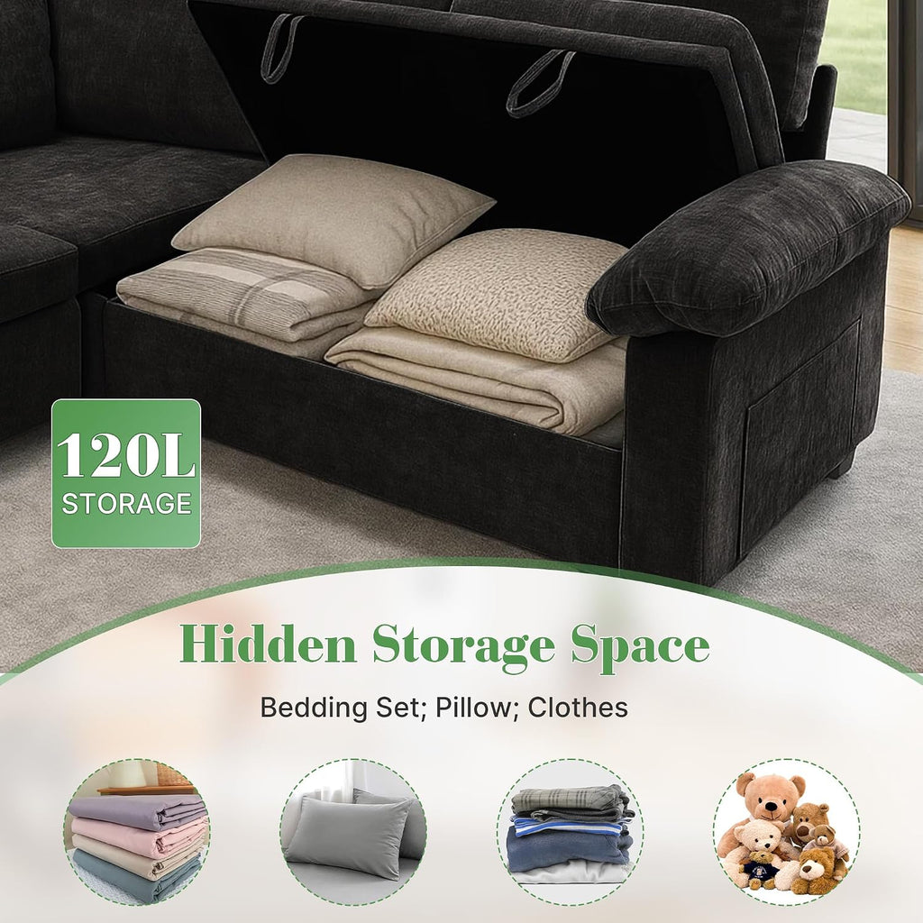 Modular Sectional Sofa with Pull Out Bed Sleeper Sofa L Shaped with Storage, Sectional Couch for Living Room Convertible Sofa Bed with Removable Sofa Cover(5 Seats Black)