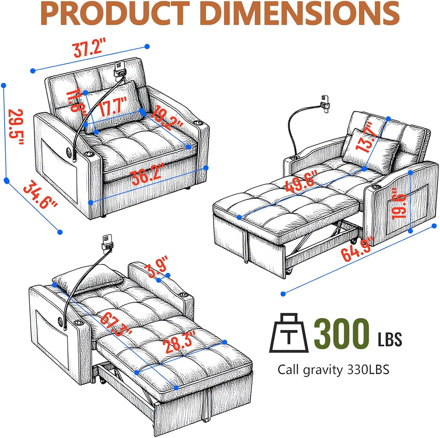 Majnesvon Modern Velvet Fabric Sofa Bed Futon,3 in 1 Convertible Pullout Bed Couches with 3 Reclining Backrests,Phone Stand,Small Sofa Single Sleeper Chair Bed for Living Room Bedroom (Beige)