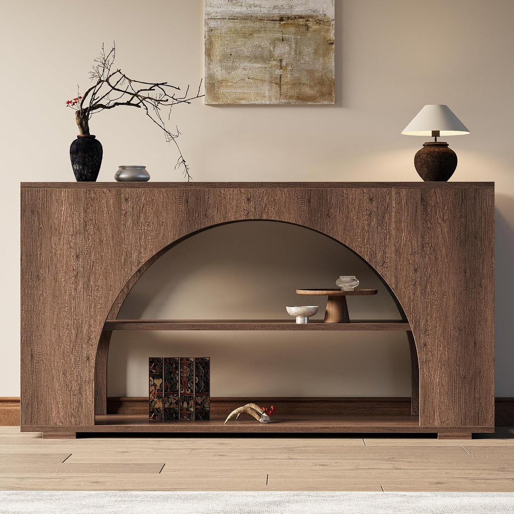 55' Arched Console Table with 3-Tier Storage, Farmhouse Wooden Sofa Table Behind Couch, Narrow Long Entryway Table for Entrance, Hallway, Living Room, Brown Oak