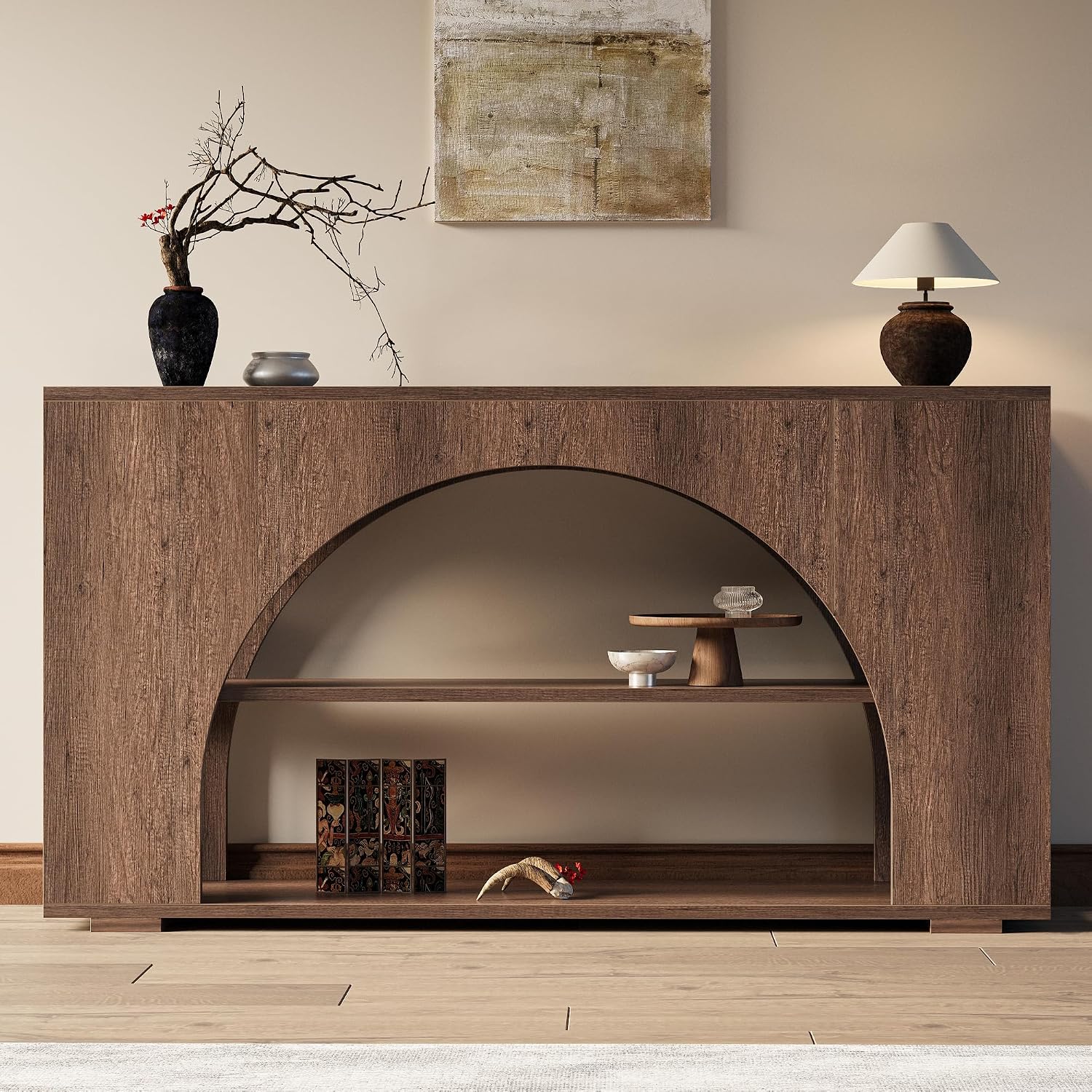 55' Arched Console Table with 3-Tier Storage, Farmhouse Wooden Sofa Table Behind Couch, Narrow Long Entryway Table for Entrance, Hallway, Living Room, Brown Oak