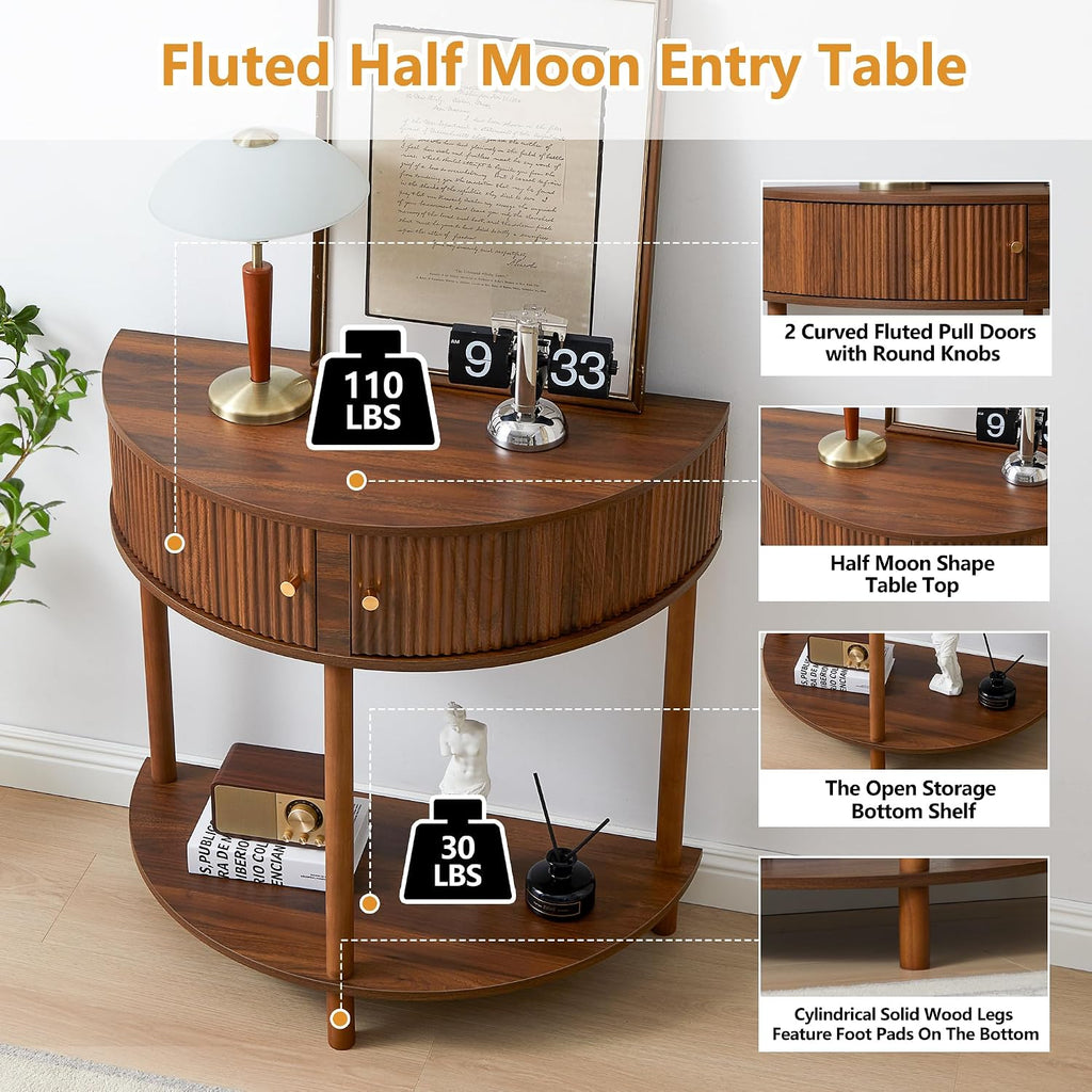 XUZENEST Fluted Half Moon Console Table, Modern Small Entry Sofa Table with Storage, Solid Wood Legs Narrow Entryway Table for Living Room, Hallway, Foyer(Walnut)