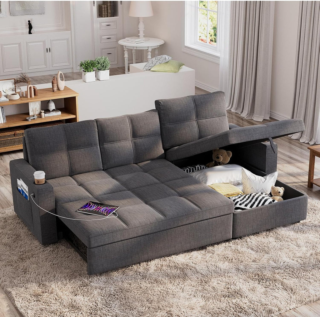 85 inch Sleeper Sofa Couch Bed with Storage Chaise,Pull Out Couch with USB Charging,Side Pockets,Convertible Sectional Sofa for Living Room,Apartment,Small Spaces,Dark Grey