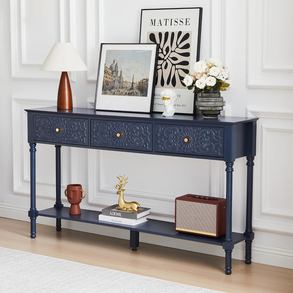 weselon 55.5' Carved Console Table with 3 Drawers, 2-Tier Sofa Table with Glossy Floral Surface and Solid Wood Legs, Mid-Century Modern Entryway Table for Living Room Hallway (Midnight Blue)