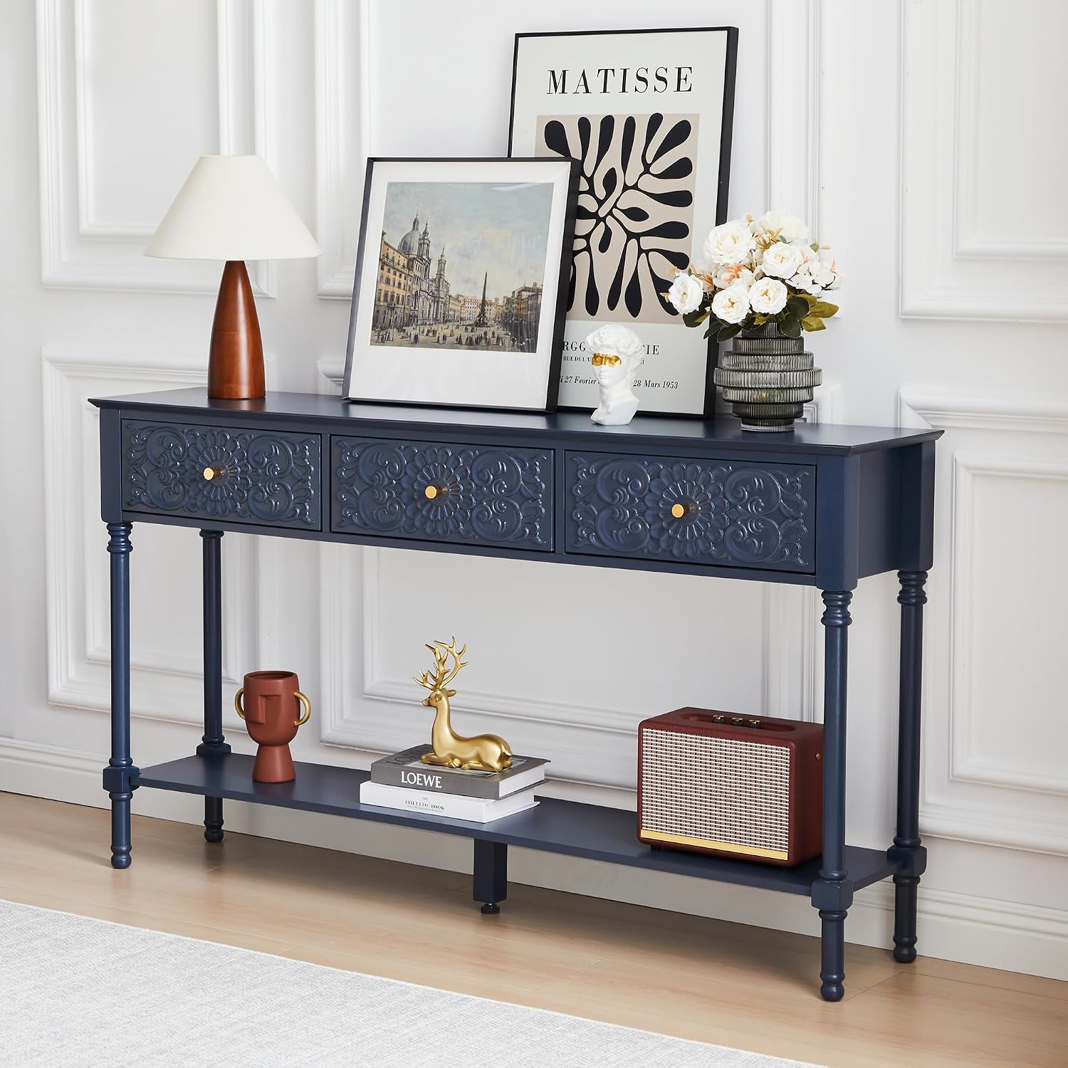 weselon 55.5' Carved Console Table with 3 Drawers, 2-Tier Sofa Table with Glossy Floral Surface and Solid Wood Legs, Mid-Century Modern Entryway Table for Living Room Hallway (Midnight Blue)